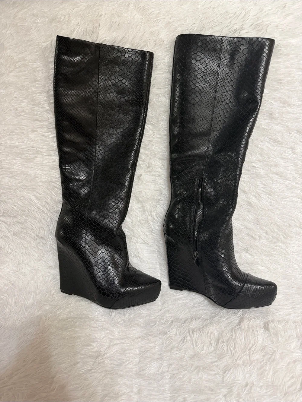 Boutique 9 Black Leather-Textured Wedge Below Knee Boots NWOT